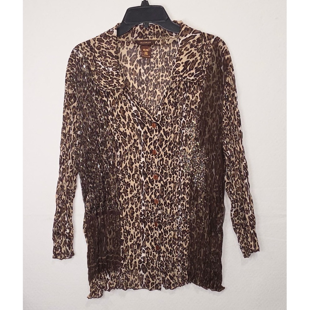 2X Multiples Leopard Print Sequin Crinkle Button Up Blouse Brown